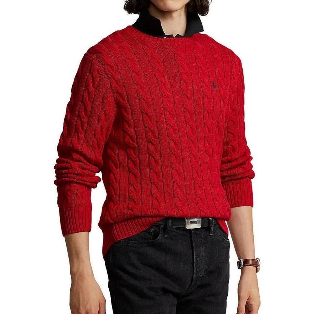 R3-28 NWT Mens Size M Polo Ralph Lauren Cable-Knit Cotton Sweater RED $145